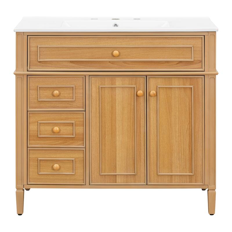 36" Bathroom Vanity with Sink, Wood Vanity Cabinet with Flip-Out Drawer, 3 Drawers, 2 Soft-Close Doors, Solid Wood & MDF