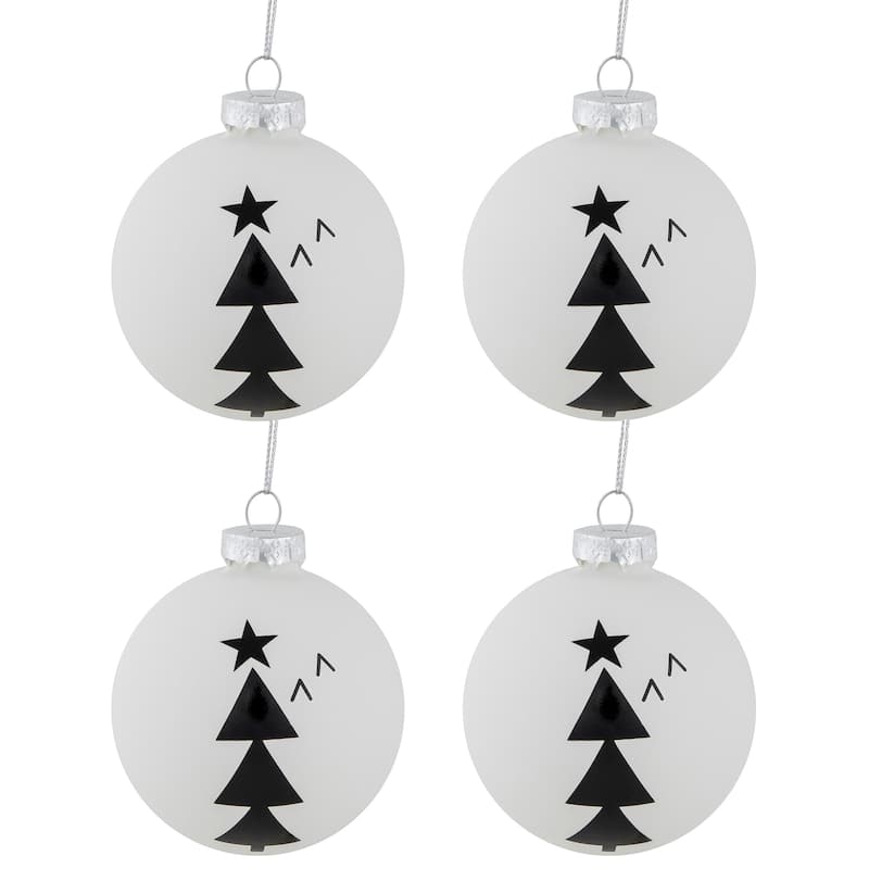 Star Topped Trees Glass Ball Christmas Ornaments - 3" - White and Black - 4ct