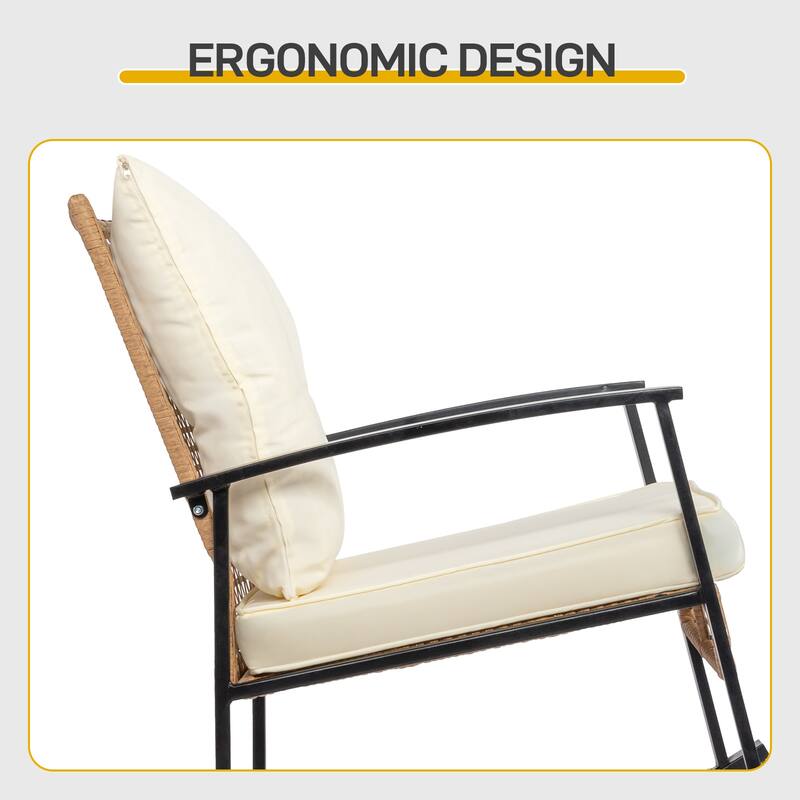 3-Piece Beige Patio Bistro Set with Rattan Rocking Chairs and Coffee Table Outdoor Furniture