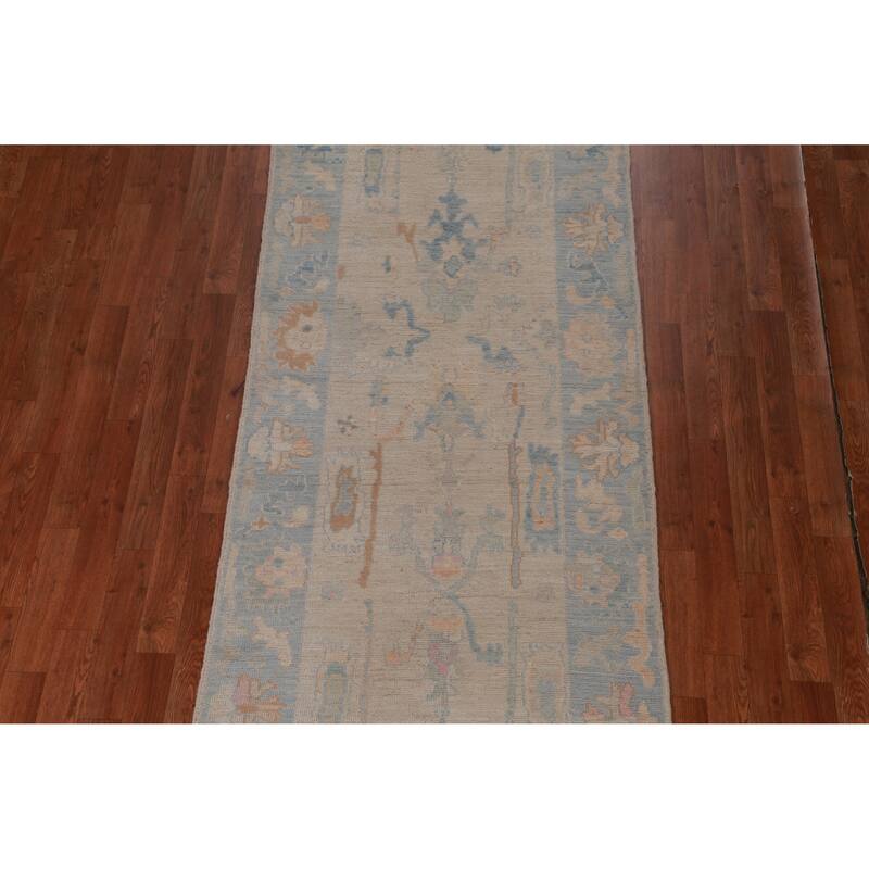 Hand Knotted Oriental 100% Wool Carpet Transitional All-Over Beige & Ivories Oushak Runner Rug - 12' 2'' X 3' 1''