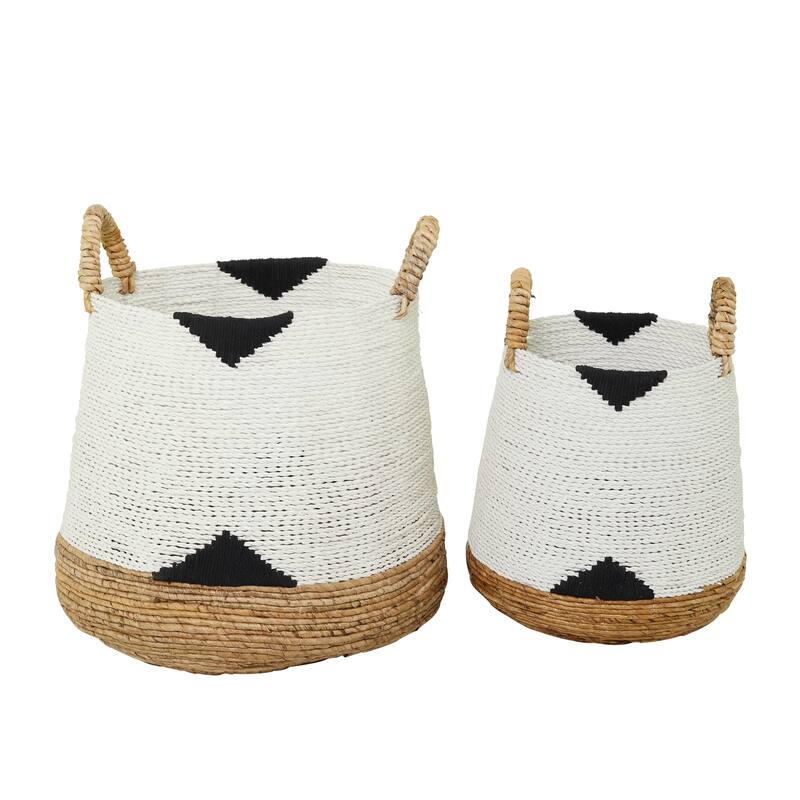 CosmoLiving by Cosmopolitan Banana Leaf Handmade Triangle Details Storage Basket with Handles (Set of 2) - Black or White
