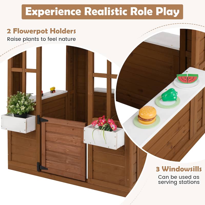 Natural White Fir Wood Kids Playhouse with Flowerpot Holders and Large Windows - 47.5" L x 38.5" W x 54" H