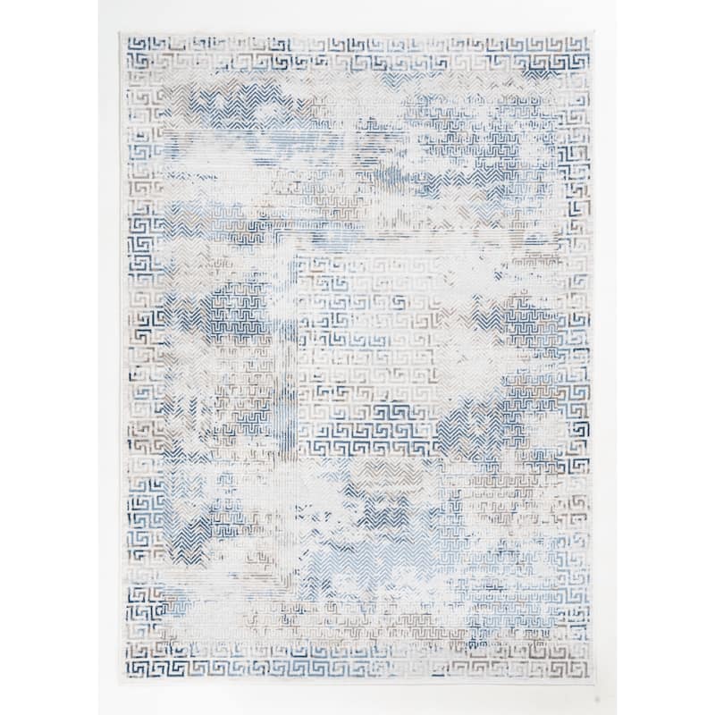 Trendy Collection Neutral Ivory, Tan, and Blue Greek Key Rug