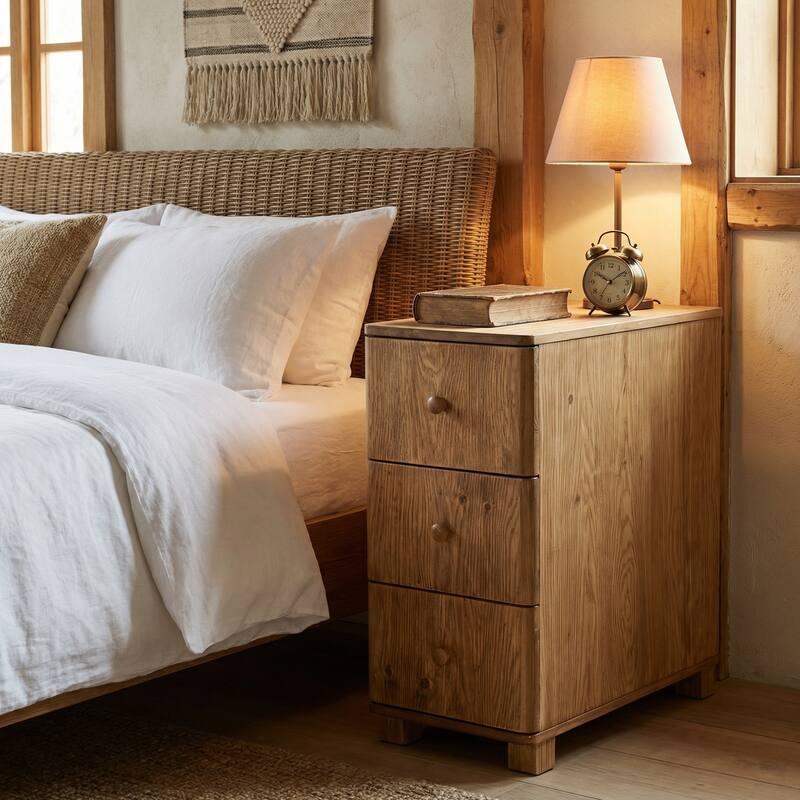 Solid Wood Side Table with 3 Drawers