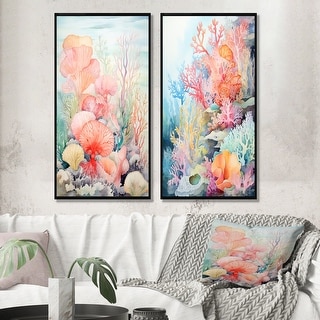 Designart "Pastel Colors Watercolor Corals" Coastal Coral Under Water Framed Art Set Of 2 - Animals Wall Decor 2 Pieces