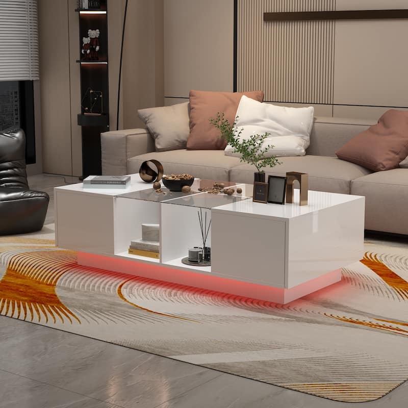 Coffee Table Storage High Gloss Coffee Tables LED Lighting Cocktail - 47.4"W