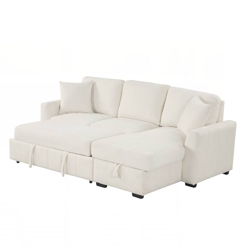 L-Shaped Sectional Sleeper Sofa with Reversible Storage Chaise, Drop-Down Center Back Cushion with Dual Cup Holders