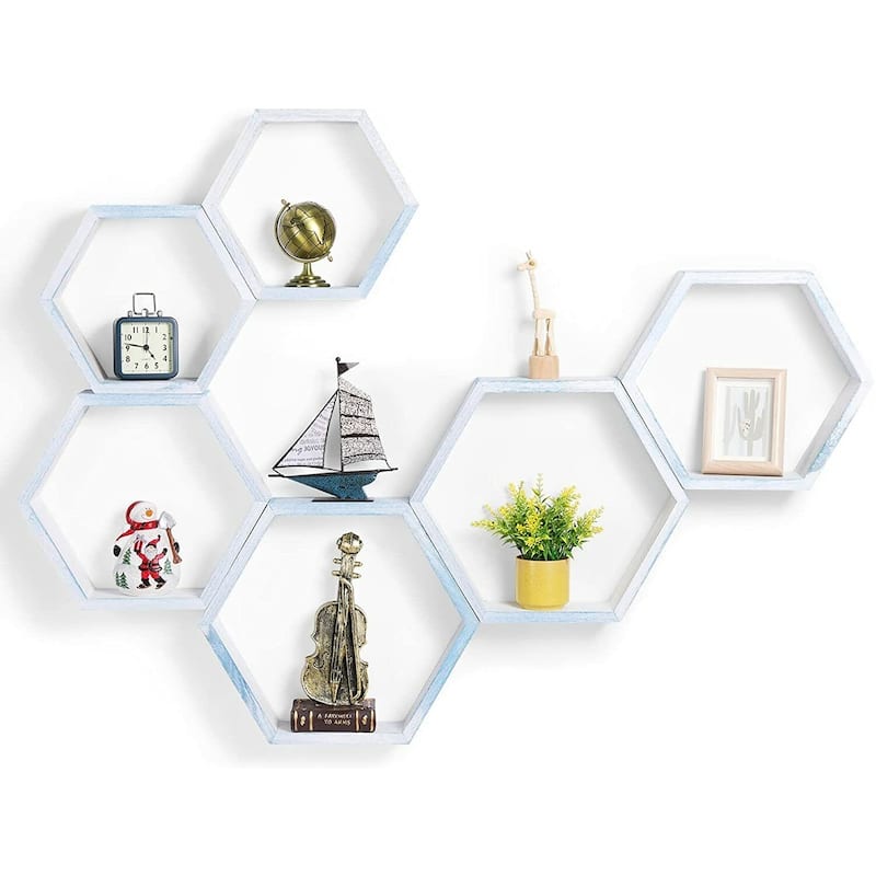 Set of 6 Wooden Hexagon Rustic Floating Shelves in Deep Natural Wood - Blue