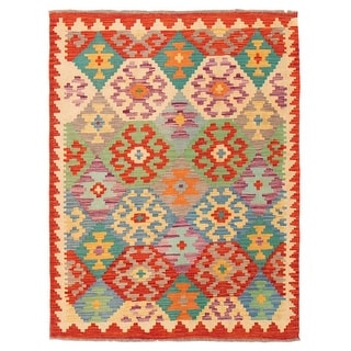 ECARPETGALLERY Flat-Weave Bold and Colorful Red Wool Kilim - 3'4 x 4'8 ...