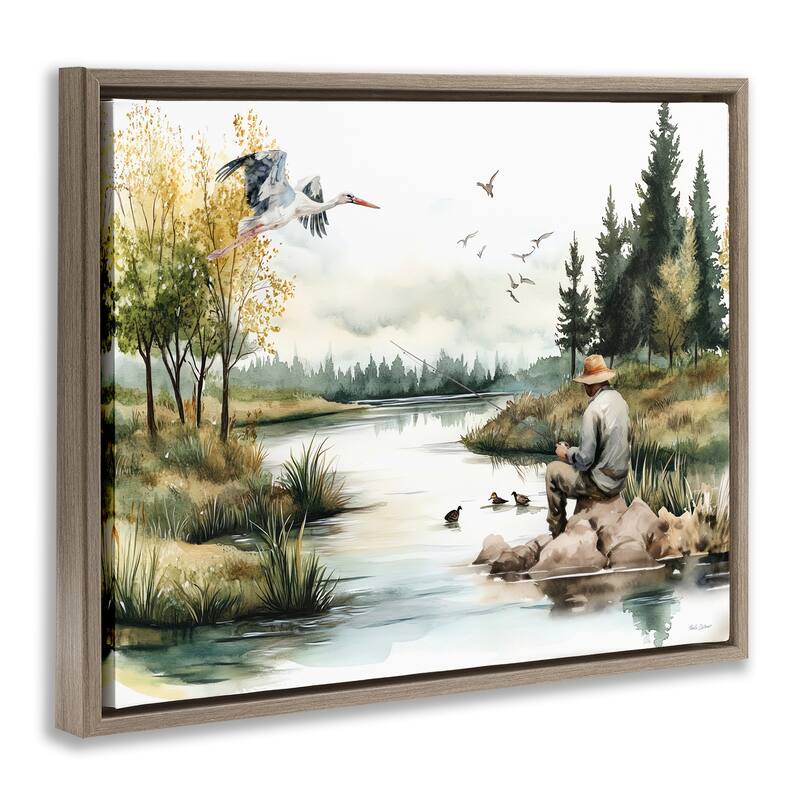 Stupell Fishing by River Landscape Framed Floater Canvas Wall Art Design By Nicole DeCamp