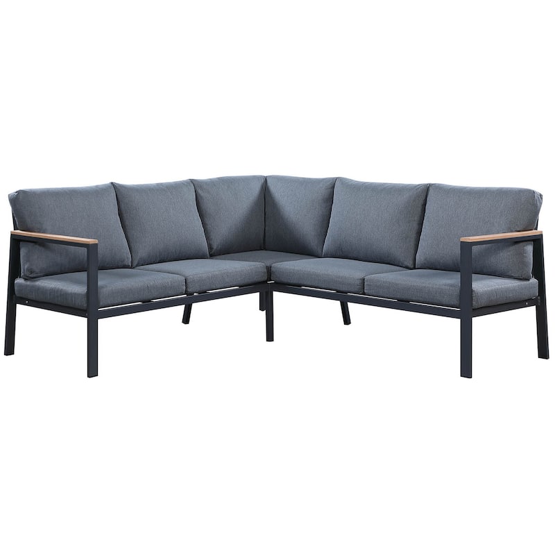 4 Piece Teak Finished Outdoor Sectional Sofa, Matte Charcoal Aluminum Frame