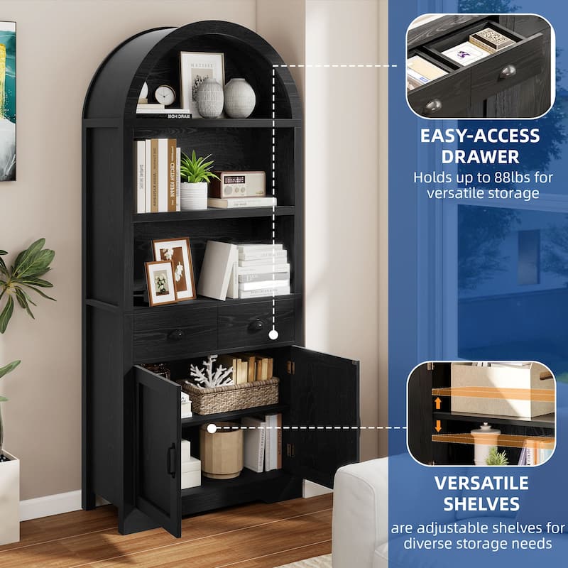 Moasis 71"/68" Tall Arched Bookshelf with Storage, Arched Bookcase with 2 Drawers and Doors