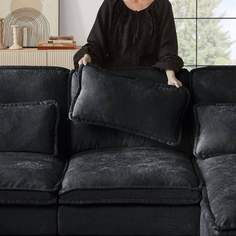 113" Chenillle U Shaped Sectional Sofa with Toss Pillows