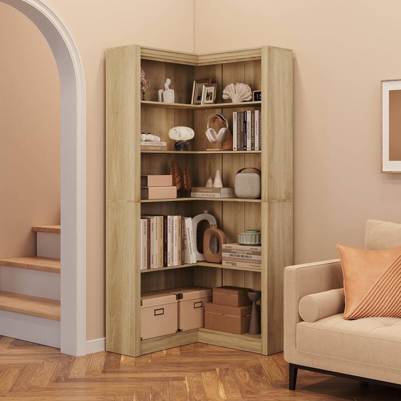 71.8" Tall Corner Bookshelf, 5-Tier L-Shaped Corner Bookcase, Modern Industrial Wood Display Storage Shelves for Living Room