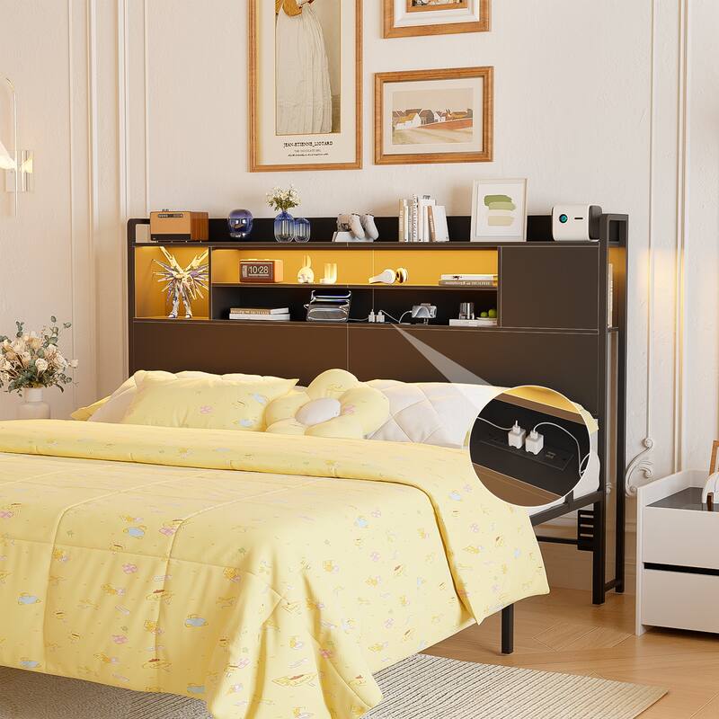 Storage Headboards with Power Outlet and LED Light, Head board with Storage Shelves for Bed Frame