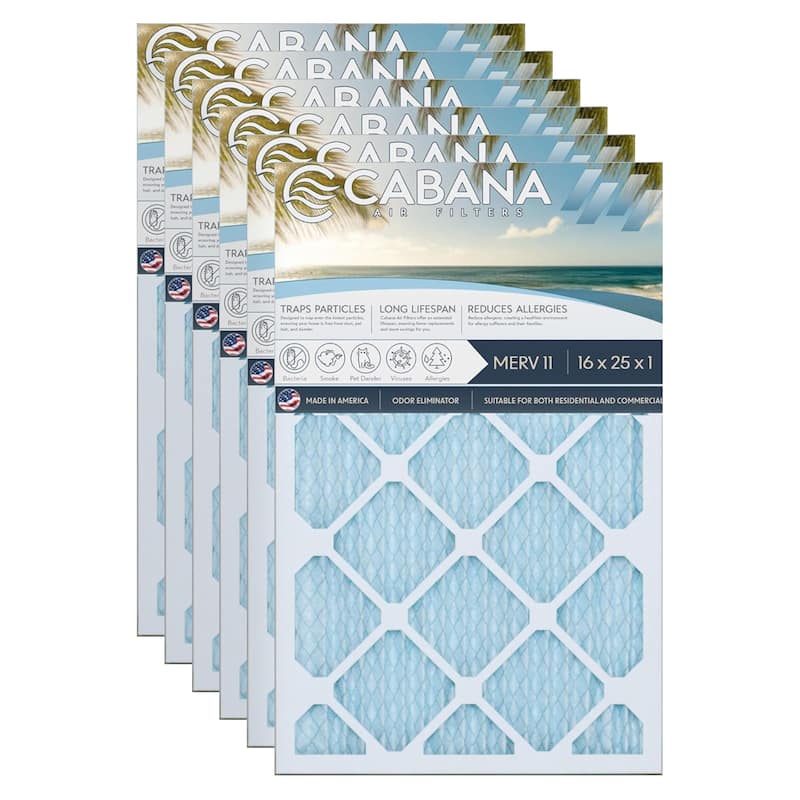 Cabana Air Filters 6 Pack HVAC Furnace Air Filters, MERV 11, 16 x 25 x 1, White - 0.78