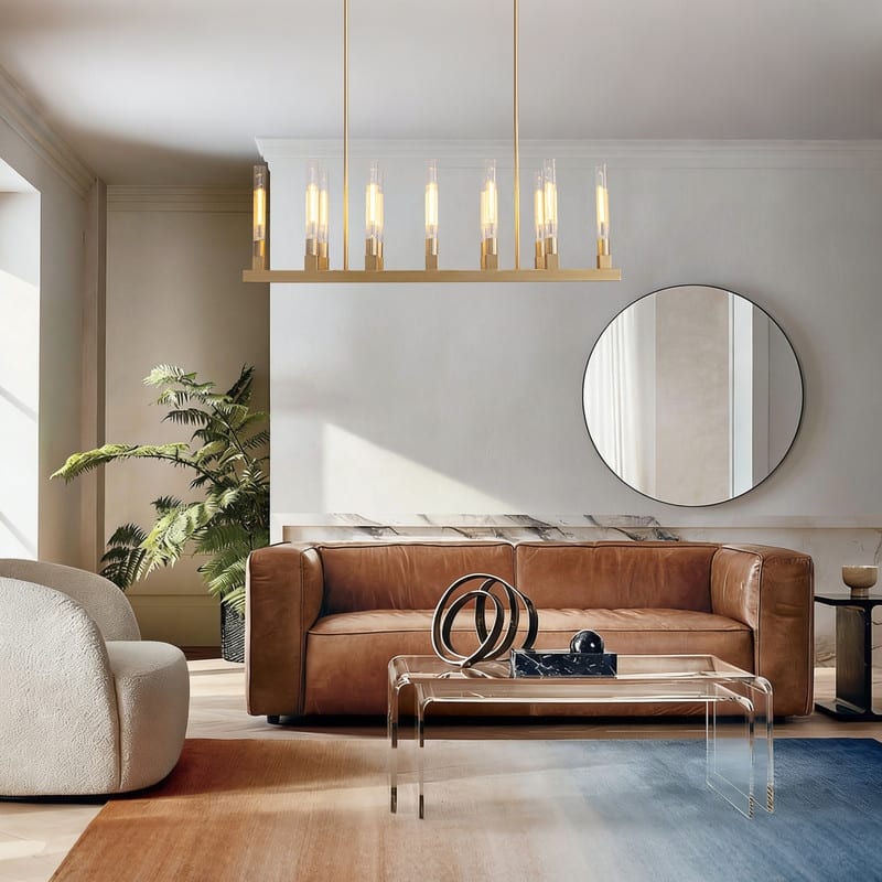 54'' Gold Farmhouse Rectangular Chandelier 12-Light Kitchen Island Lighting with Glass Tube Shades for Living Room & Foyer - N/A