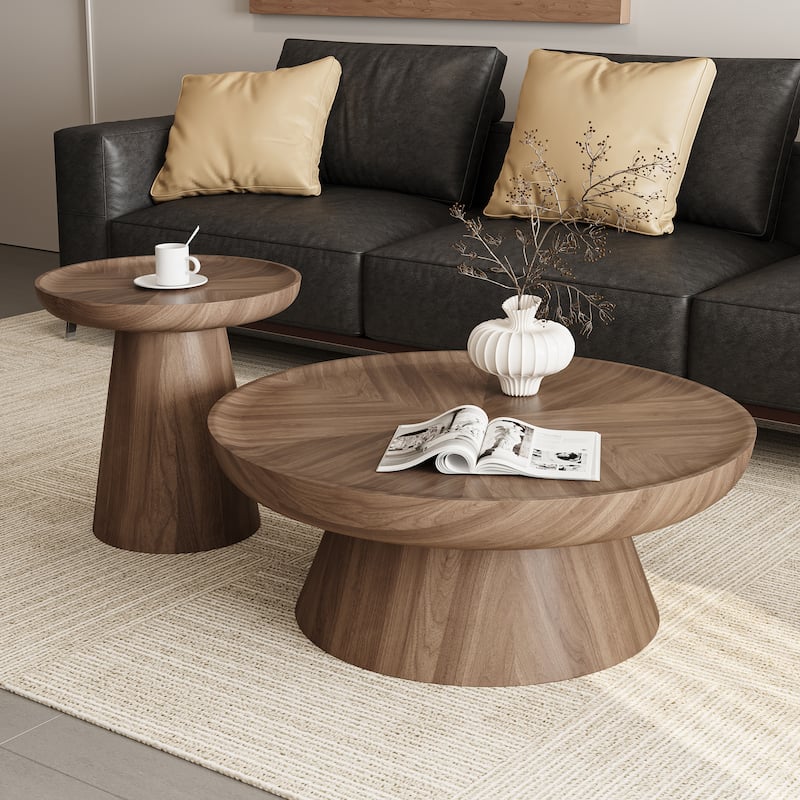 Round Walnut Nesting Coffee Tables 2-Piece Set - Modern Living Room Wooden Accent Tables, Stackable & Separable - Walnut
