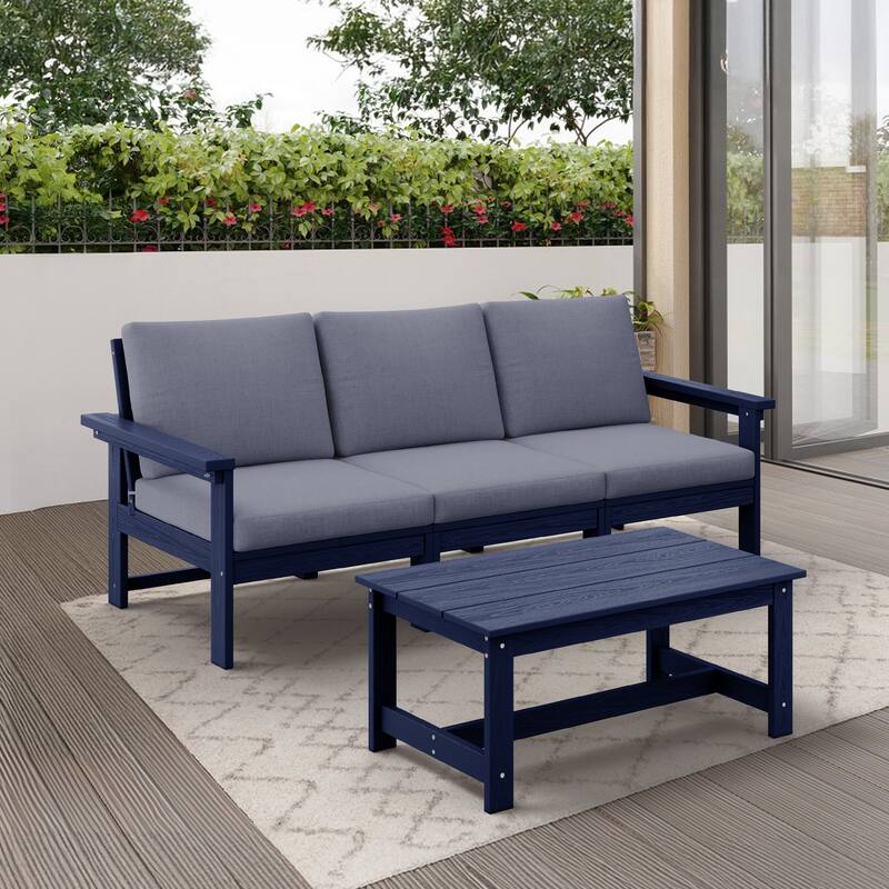 Outdoor Patio HDPE 3-Seat Sofa and Coffee Table Set, Removable Cushions Included
