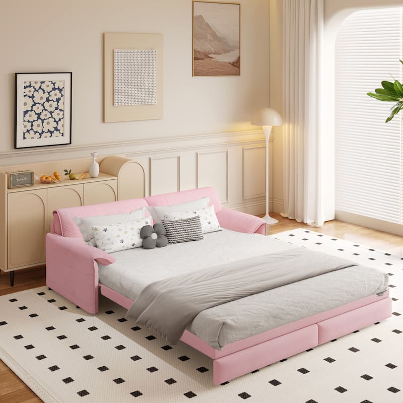 66" Queen 3-in-1 Convertible Sleeper Pull Out Sofa Bed - Pink