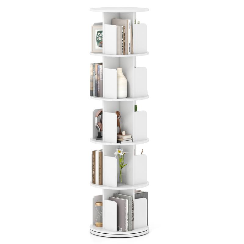 Space-Saving Freestanding 5-Shelf Rotating Bookcase with Swivel Base and Dividers Storage Tower - 15.5" x 15.5" x 63" - White