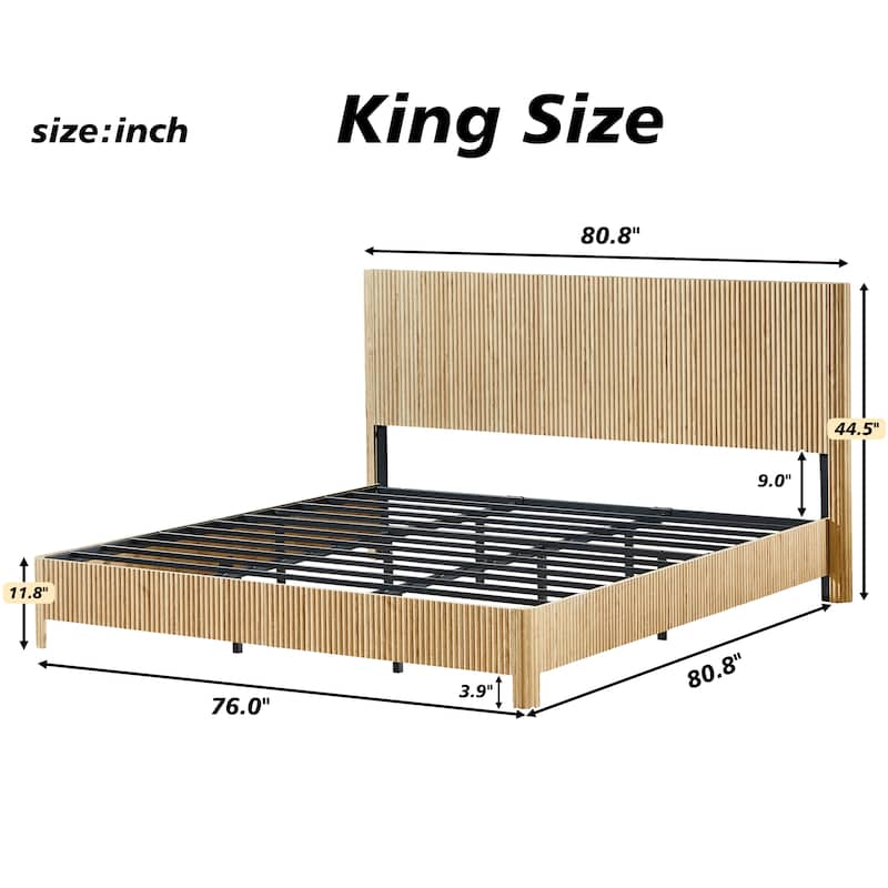 Low Profile Platform Bed, Wooden Corrugated Curved Lines Headboard Wingback Bed, Metal Slat Support Bed Frame