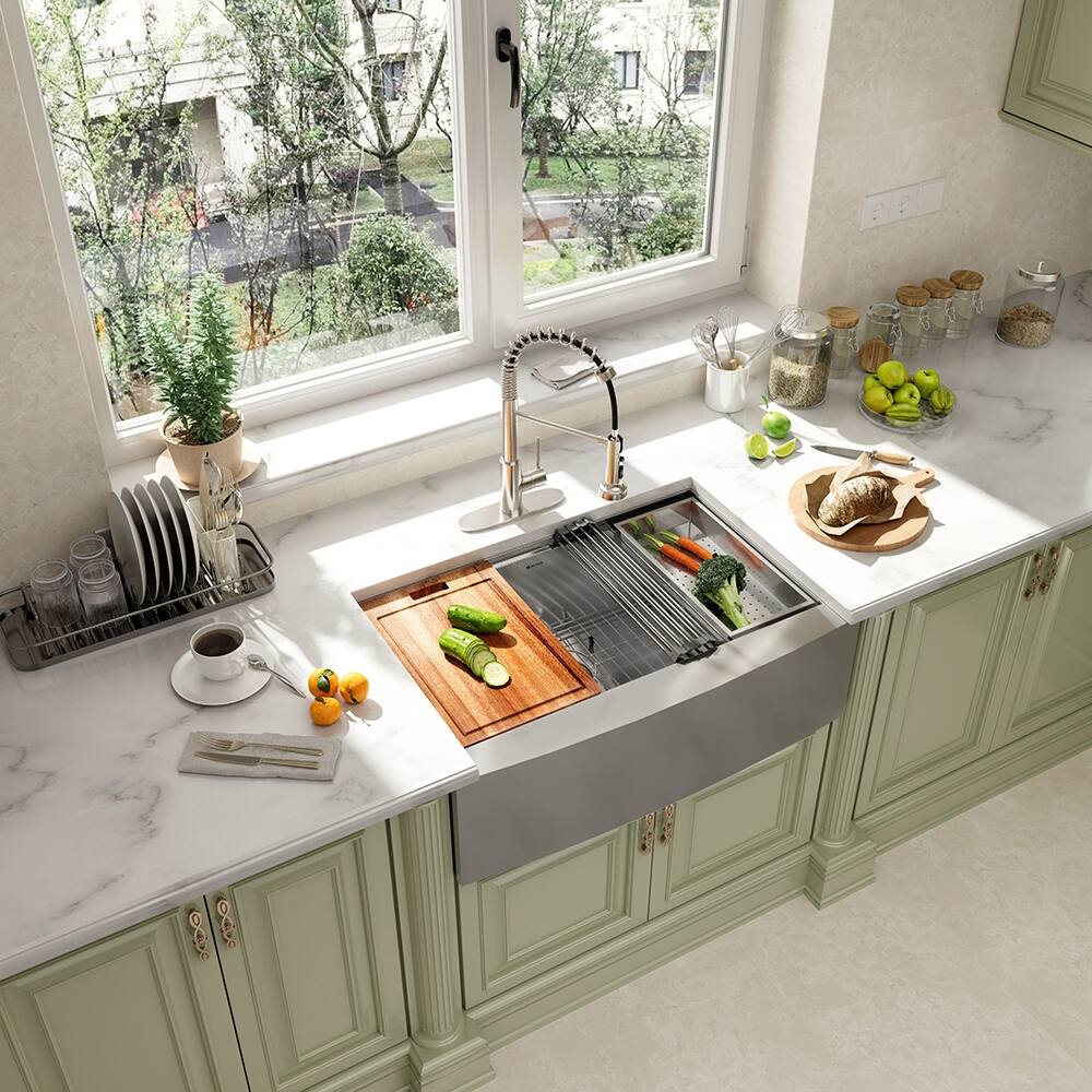 Farmhouse Apron Front 33in x 22in Brushed Stainless Steel Single Bowl  Workstation Kitchen Sink - Overstock - 39930299, image size:1000x1000