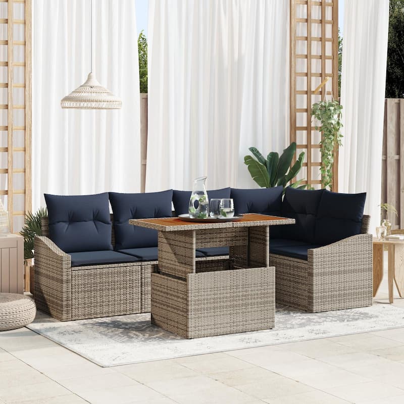 vidaXL 6 Garden Sofa Set with Cushions Black/Grey Poly Rattan - 92.1 x 48.6 x 27.2 - Grey