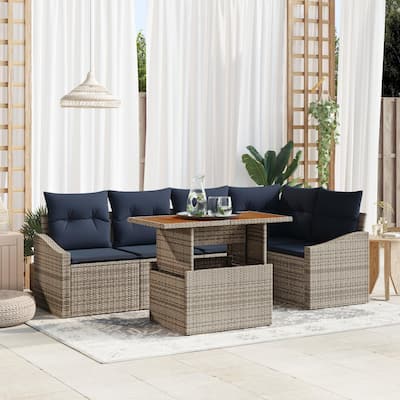 vidaXL 6 Garden Sofa Set with Cushions Black/Grey Poly Rattan - 92.1 x 48.6 x 27.2