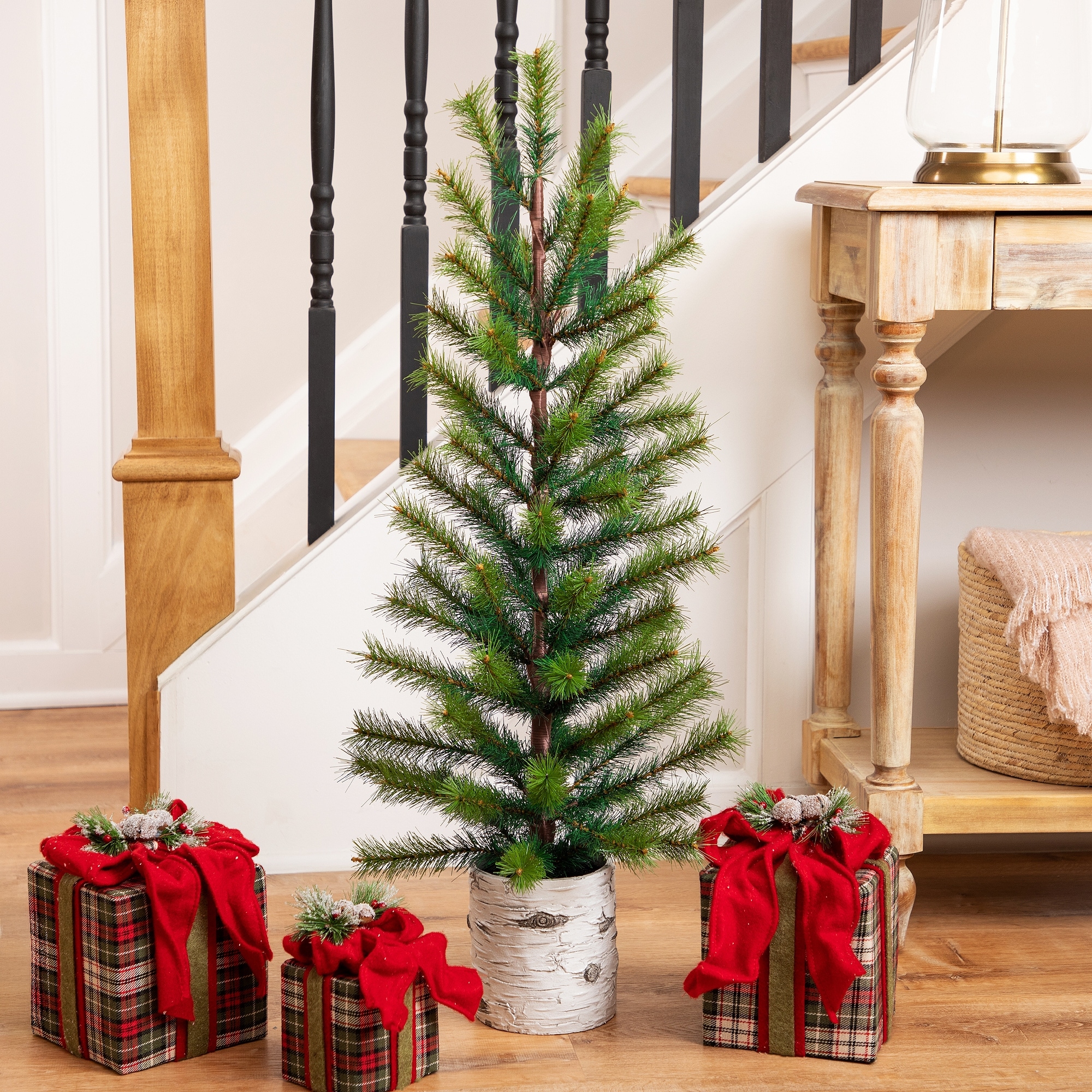 Slim Pine Artificial Christmas Tree in Birch Wood Pot - 36" - Unlit - 3 Foot