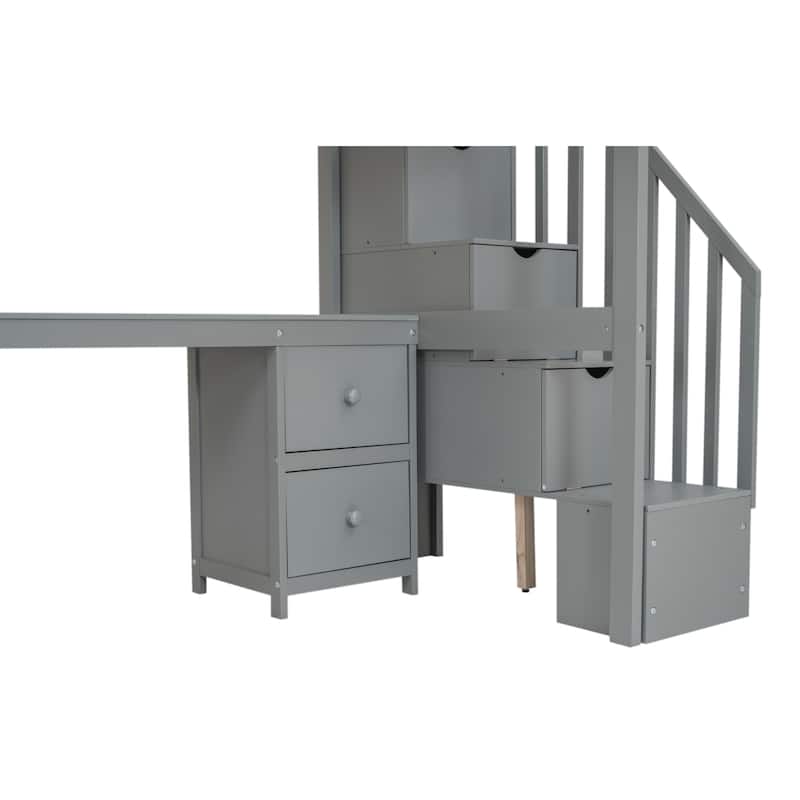 Twin Loft Bed with Built-in Desk and Double Storage Drawers, Gray