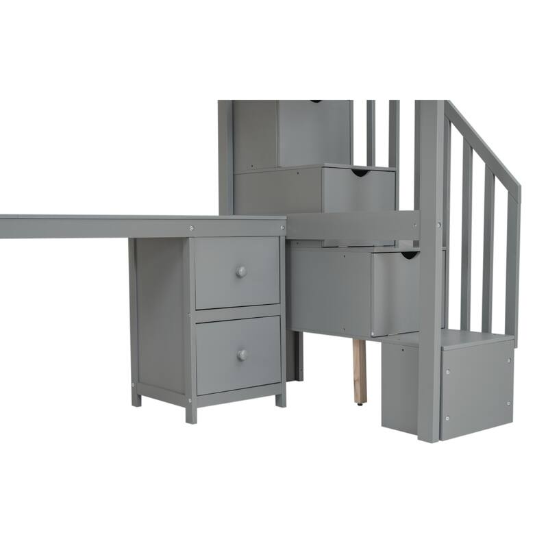 Twin Size Solid Wood Loft Bed with Built-in Desk and Double Storage Drawers