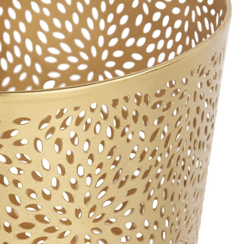 Metal Floral or Geometric Small Waste Bin with Laser Carved Design - Gold or Silver - CosmoLiving by Cosmopolitan