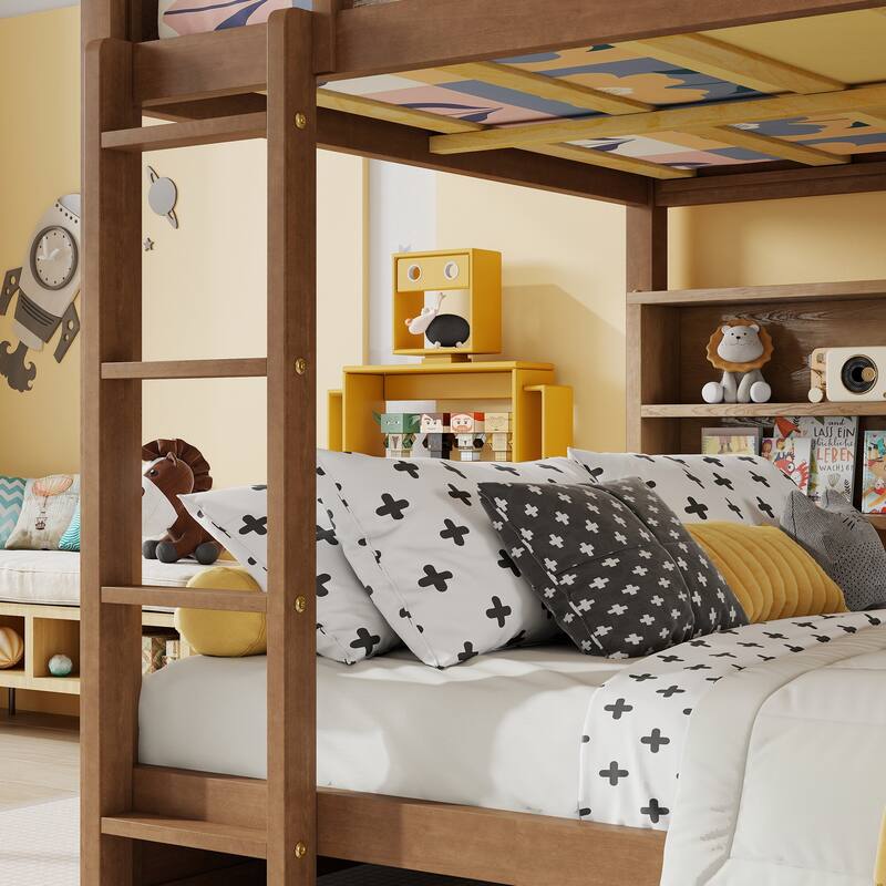 Queen Over Queen Bunk Bed with Built-in Storage Cabinets,Charging Station