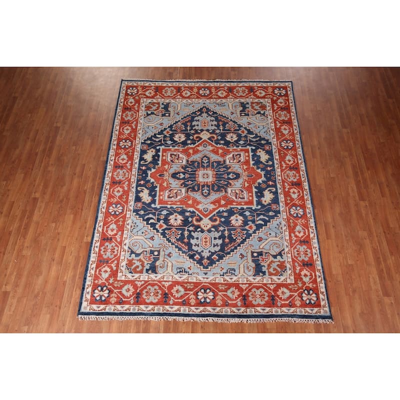 Blues & Orange Heriz Serapi Indian Area Rug Hand-Knotted Wool Carpet - 7'7" x 9'11"