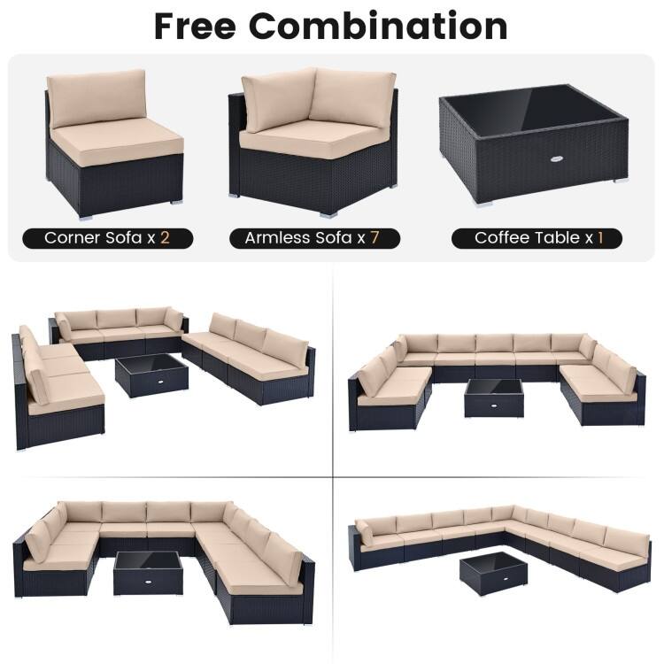 10 Piece Outdoor Wicker Conversation Set with Seat and Back Cushions - 29" x 25" x 25"