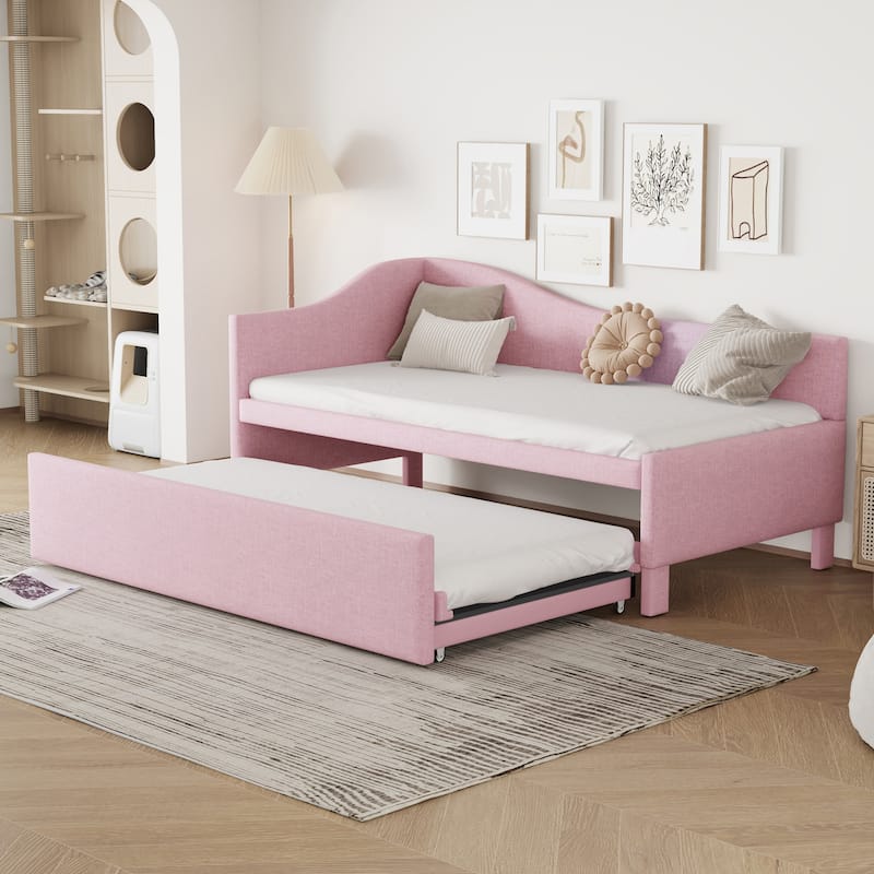 L-Shaped Daybed Twin To King Upholstered Daybed with Pop Up Trundle Linen & Wood Bed Frame for for Youth Teens or Adults