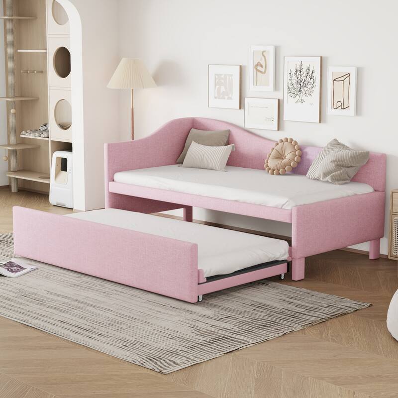 Roomfitters Twin Size Upholstered L-Shaped Daybed with Pop Up Trundle, Space Saving Fabric Sofa Bed Frame with Slats