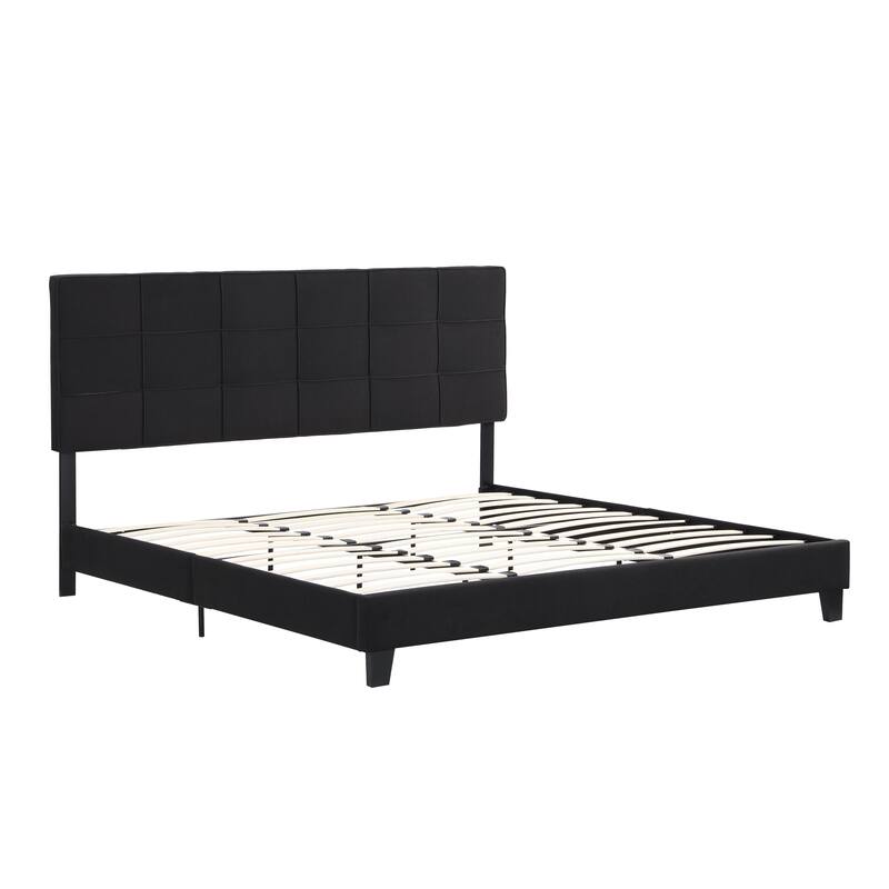 King Size Upholstered Bed Frame with Linen Headboard, Wood Slat Support, No Box Spring Needed
