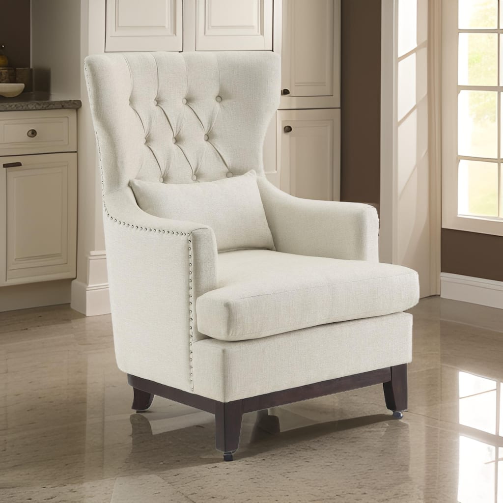 Kuri 34 Inch Accent Armchair, 1 Lumbar Pillow, Gray Wingback Button Tufted