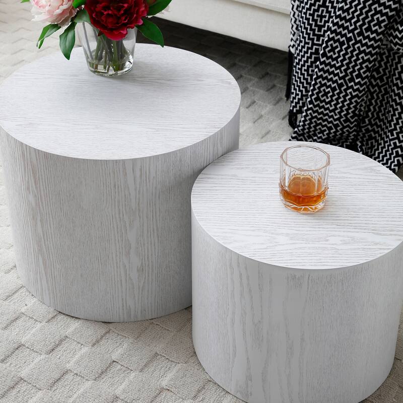 Wood Grain Coffee Table Set of 2 Round Nesting Side Table Lightweight End Table Modern Accent Table, No Assembly Required