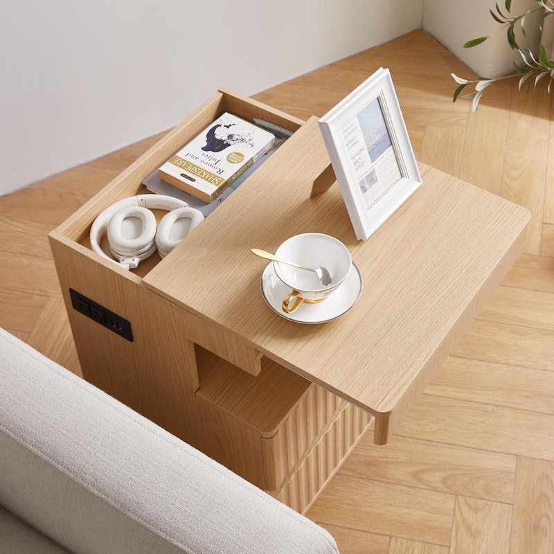 Modern Bedside Table with Gun Drawer,Bedside Table with Charging Station, 2 Drawers and Open Shelf,Side Table for Bedroom