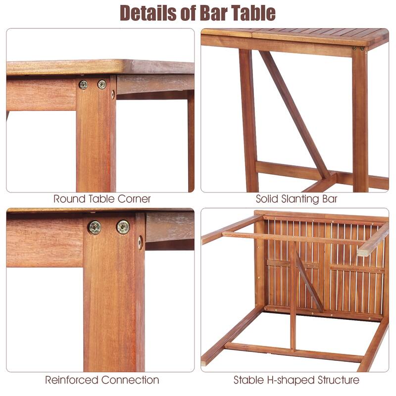 3PCS Bar Table Set Outdoor Acacia Wood Space Saving Dining Set