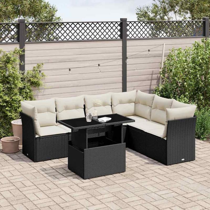 vidaXL Patio Sofa Set with Cushions Outdoor Furniture 7 Piece Poly Rattan - 21.7 x 39.4 x 28.7 in - Black and cream without storage
