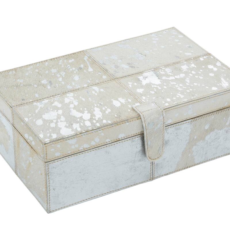 Gray, Silver or Gold Leather Handmade Cowhide Storage Box with Silver Foil Accents (Set of 2)