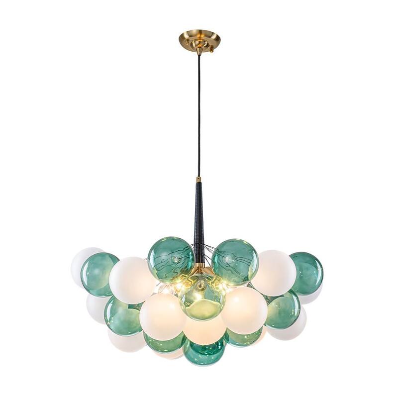 French 5-Light White Green Bubble Cluster Glass Globe Chandelier - 25.6 Inches