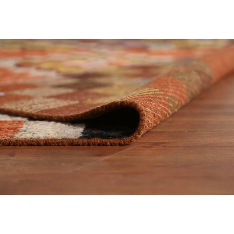 Checkered Orange Moroccan Oriental Rug Handmade Wool Carpet - 6'7" x 9'8"