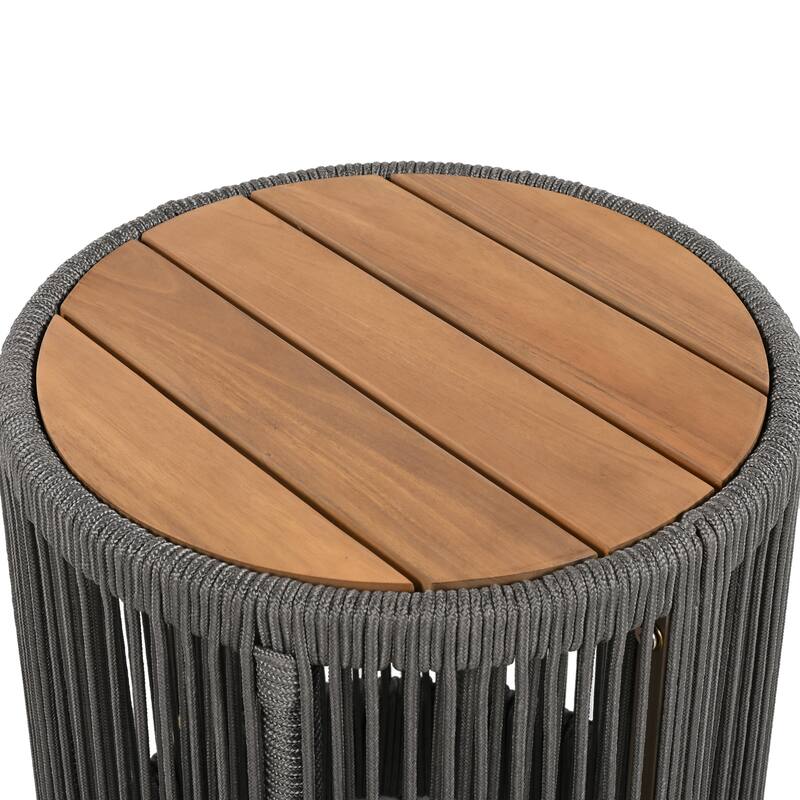 Outdoor Rattan rope & Acacia Wood Side Table - Patio Balcony Furniture for Garden, Yard, Balcony - Weather Resistant