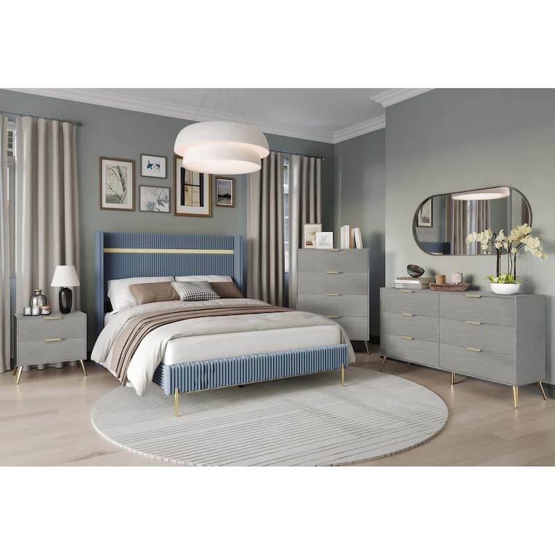 CraftPorch Corduroy 4-pieces Glam Light Blue Bed with Silver Furniture Bedroom Set