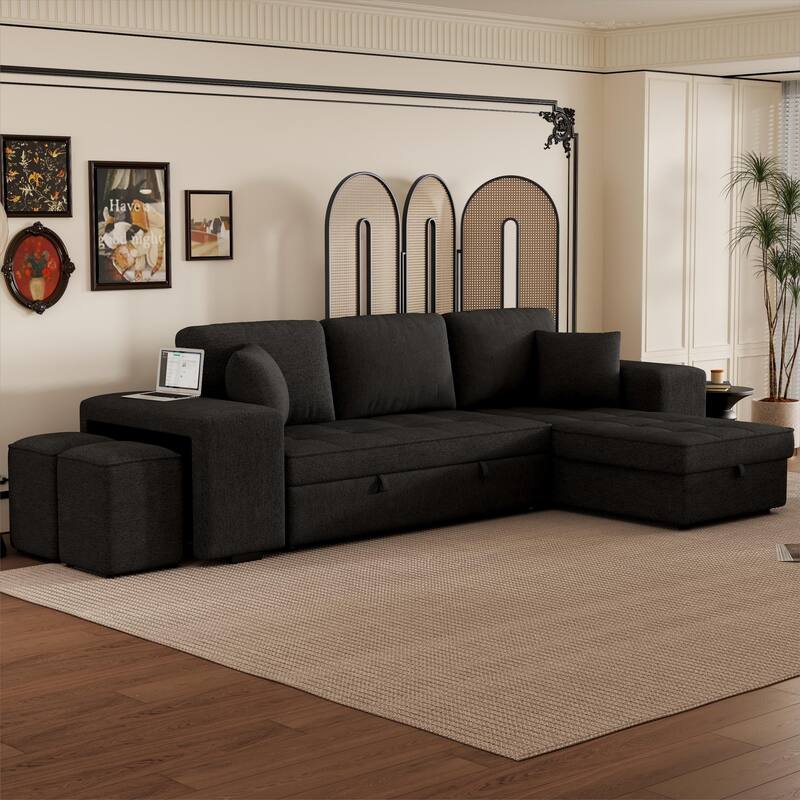 L-Shape Reversible Sectional Sofa with Storage Chaise and 2 Stools